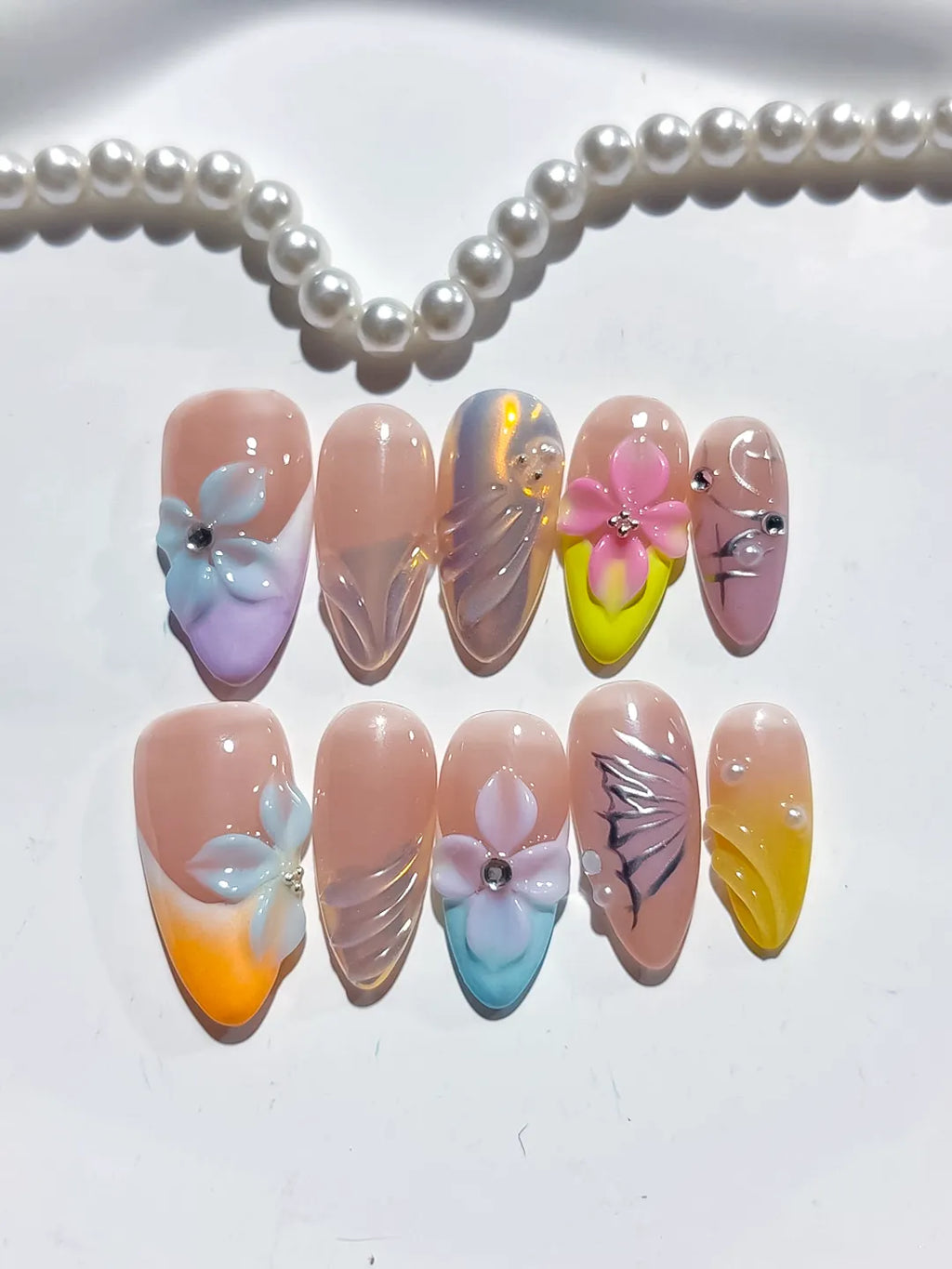 Nude Yellow Blue Purple Silver Abstract Flower Leaf Metallic Charm press on nails detail view