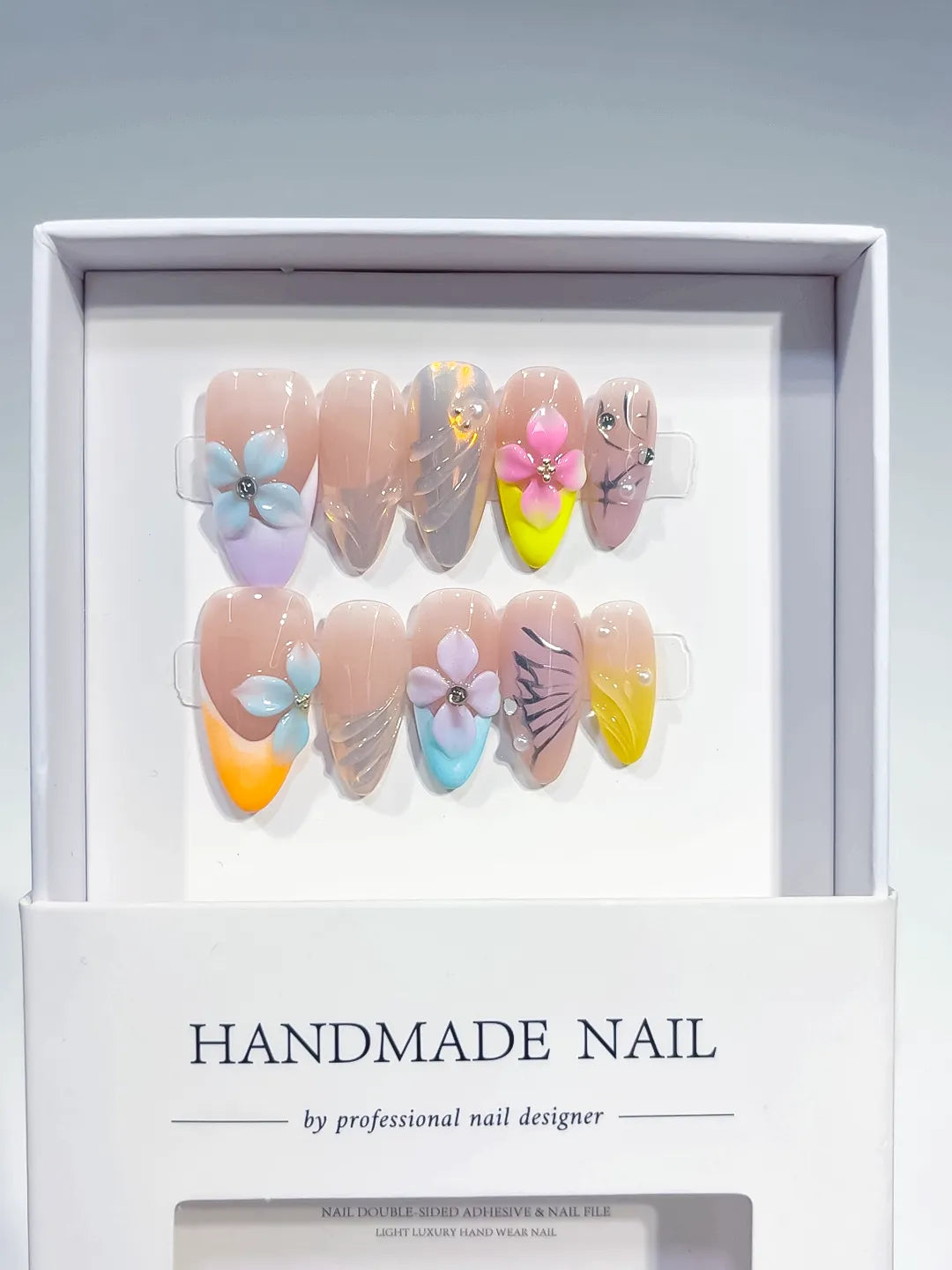 Nude Yellow Blue Purple Silver Abstract Flower Leaf Metallic Charm press on nails full set view
