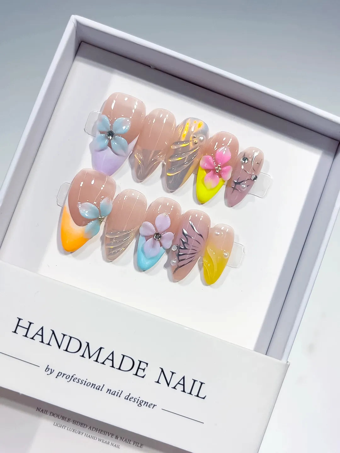 Nude Yellow Blue Purple Silver Abstract Flower Leaf Metallic Charm press on nails