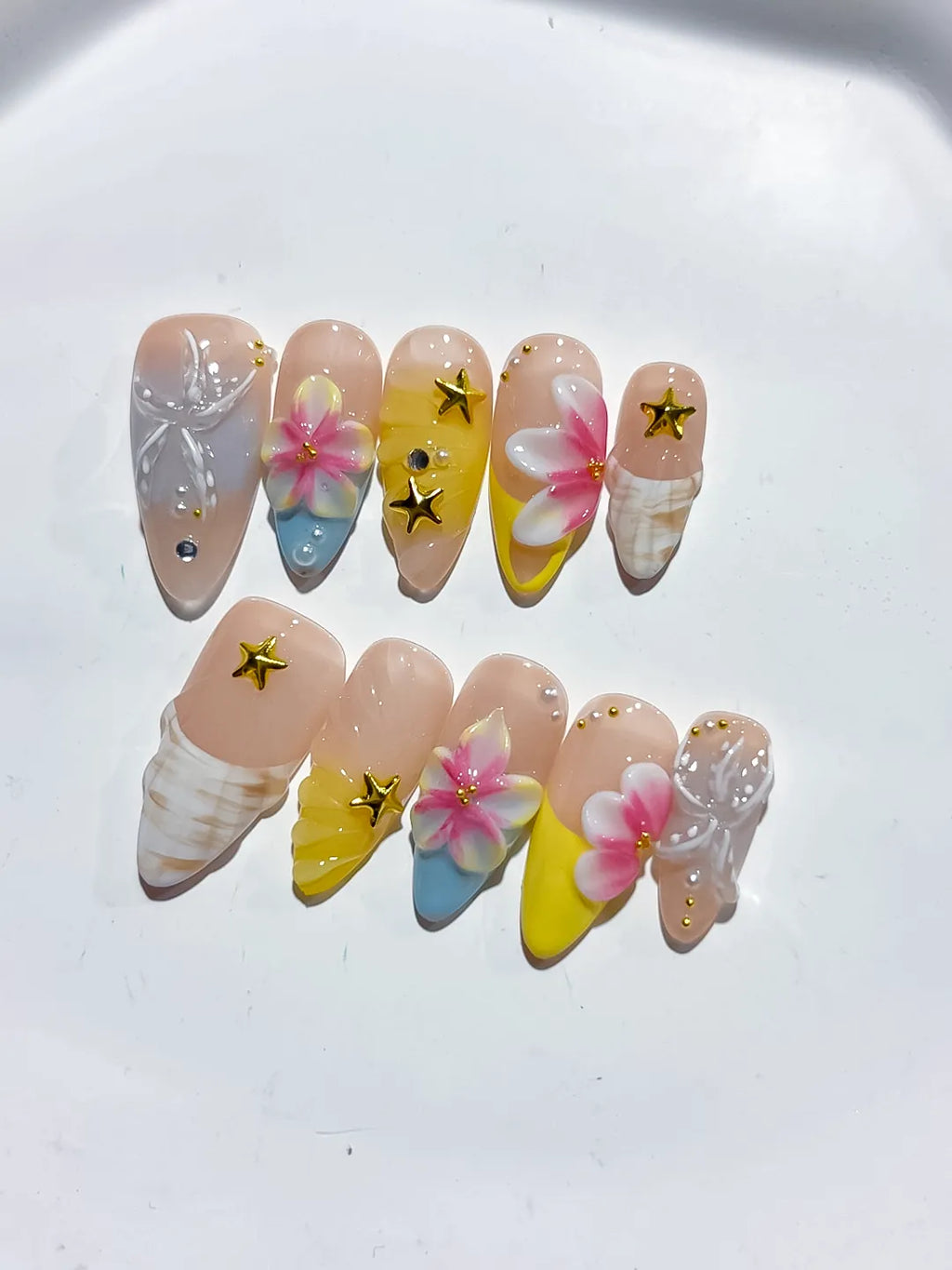 Nude White Blue Yellow French tip Flower Bow Star press on nails close up