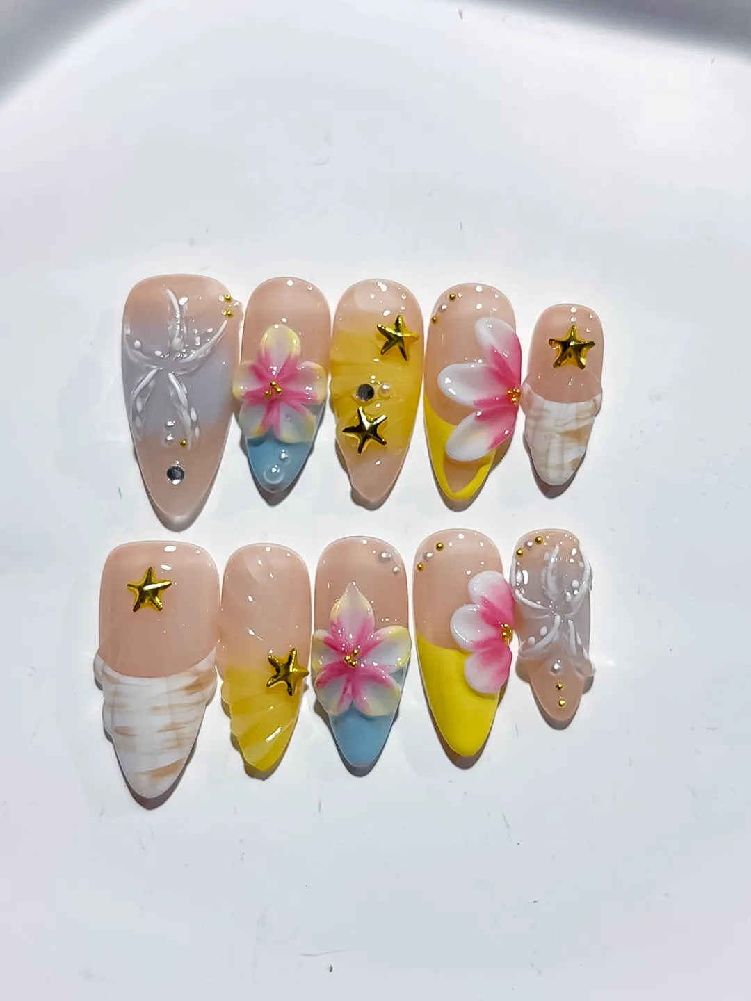 Nude White Blue Yellow French tip Flower Bow Star press on nails detail view