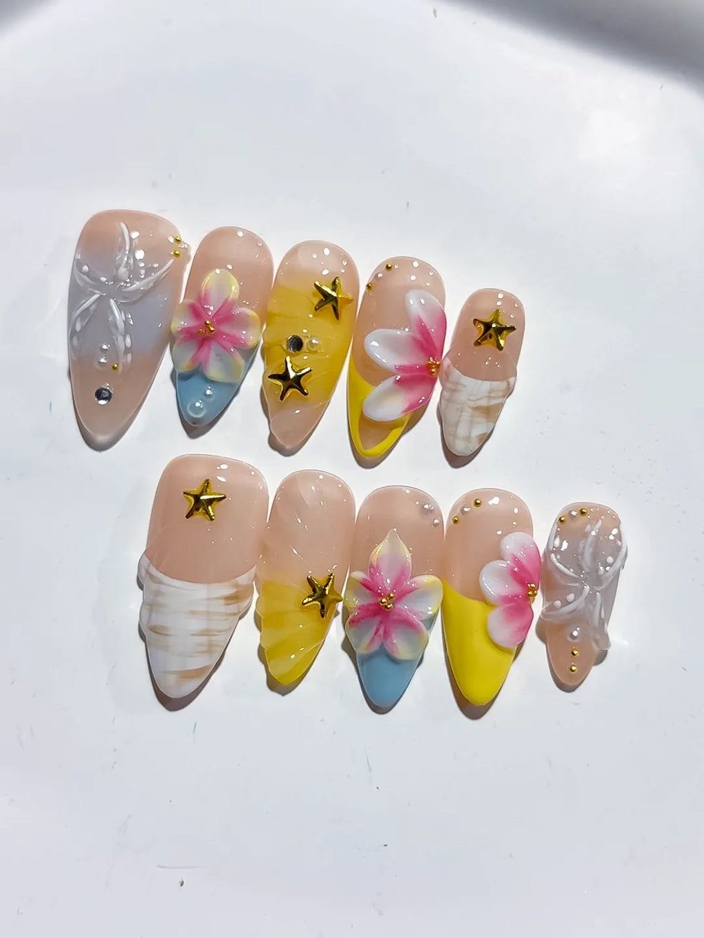 Nude White Blue Yellow French tip Flower Bow Star press on nails detail view
