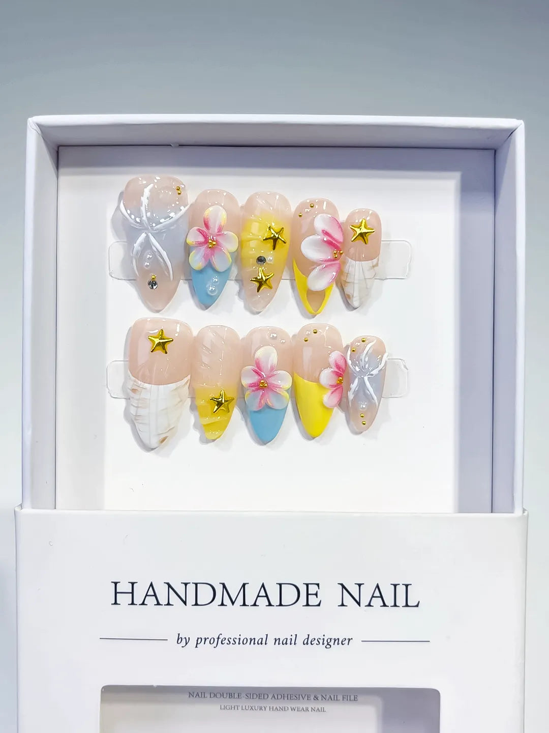 Nude White Blue Yellow French tip Flower Bow Star press on nails full set view