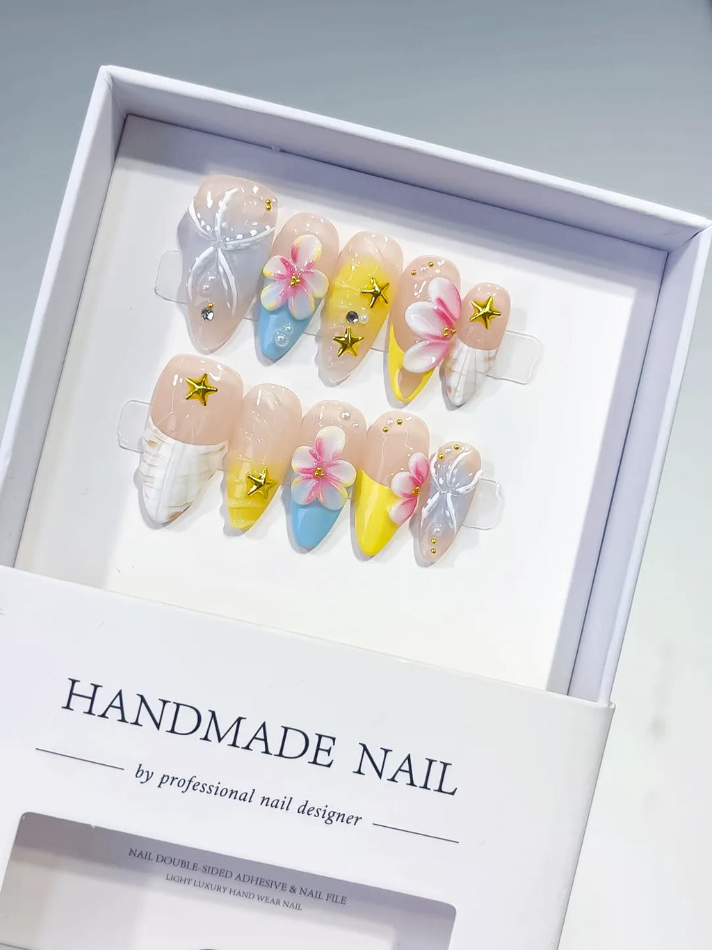 Nude White Blue Yellow French tip Flower Bow Star press on nails