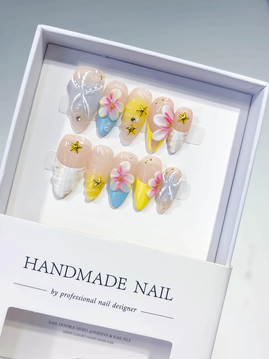 Nude White Blue Yellow French tip Flower Bow Star press on nails