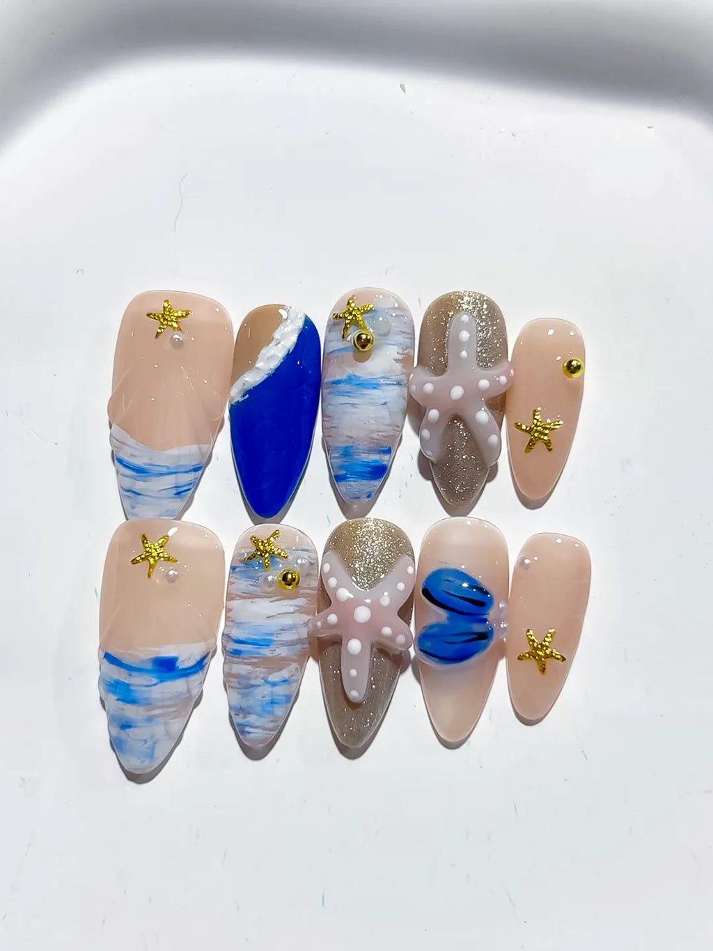 Nude Blue White Gold Abstract Starfish Shell Glitter press on nails detail view