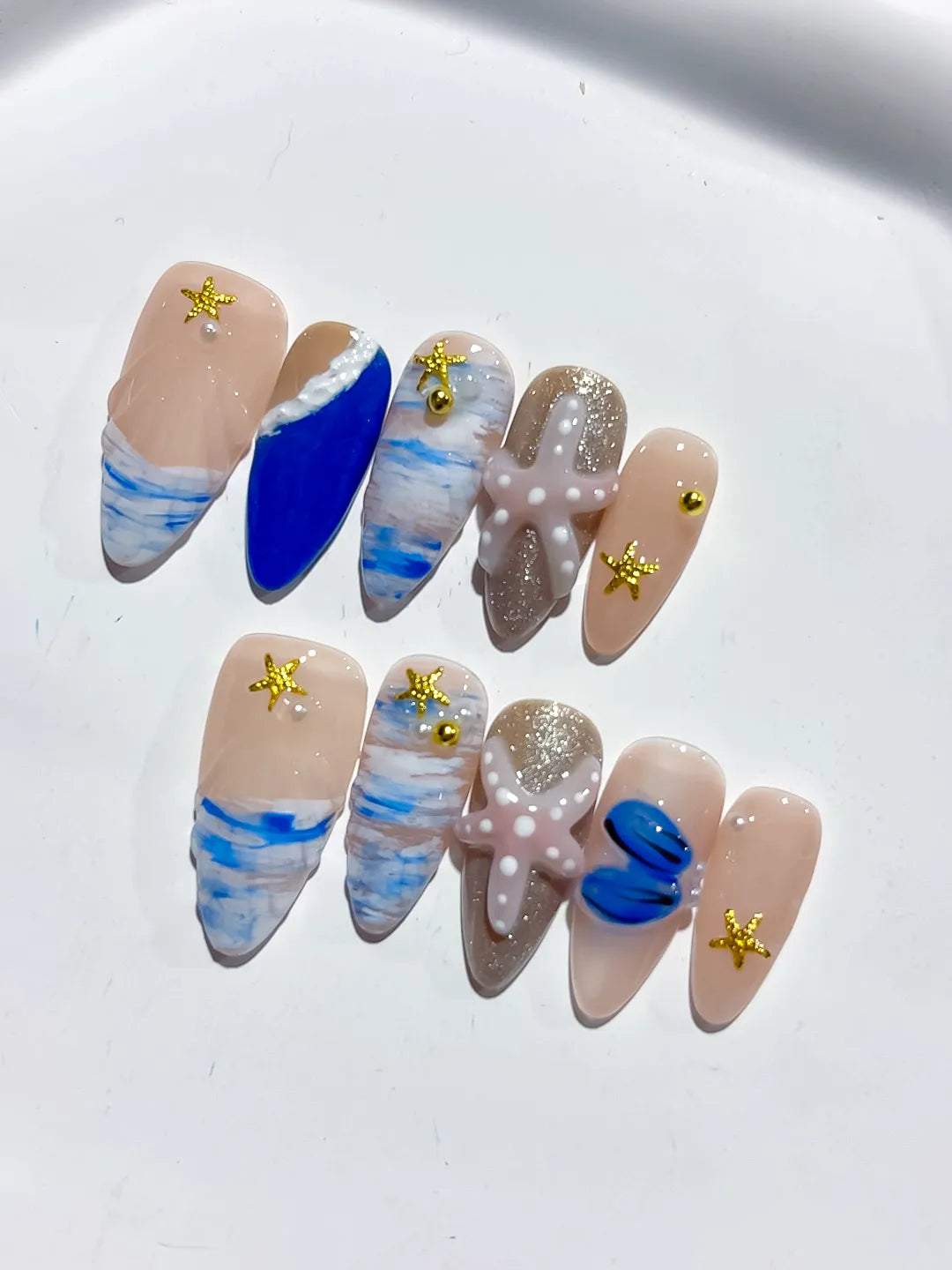 Nude Blue White Gold Abstract Starfish Shell Glitter press on nails detail view