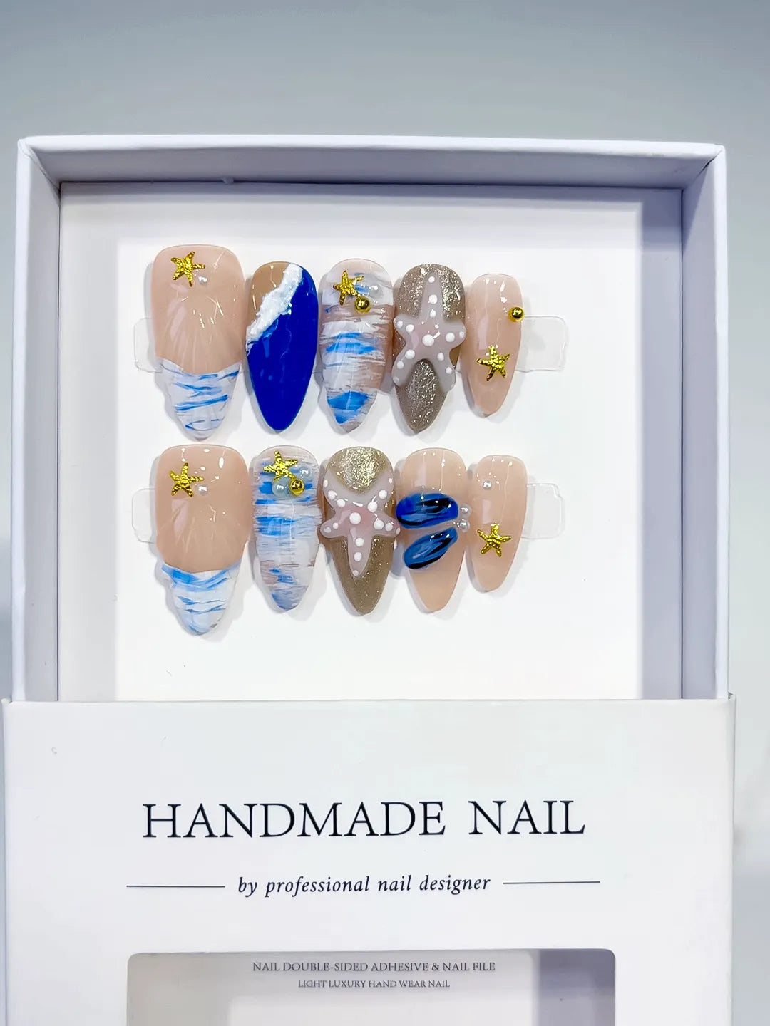 Nude Blue White Gold Abstract Starfish Shell Glitter press on nails full set view