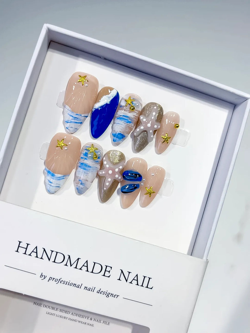 Nude Blue White Gold Abstract Starfish Shell Glitter press on nails
