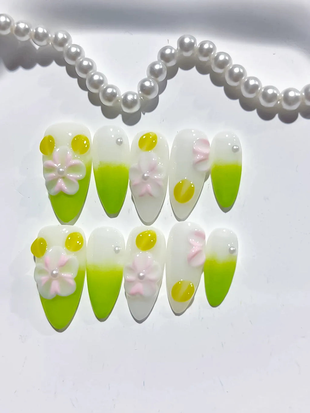 White Green Pink Ombre Flower Dot Pattern press on nails detail view