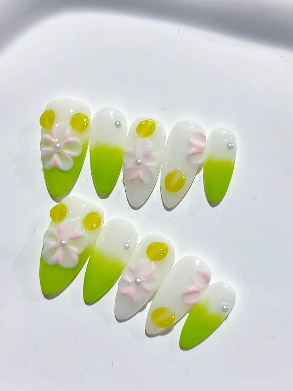 White Green Pink Ombre Flower Dot Pattern press on nails close up