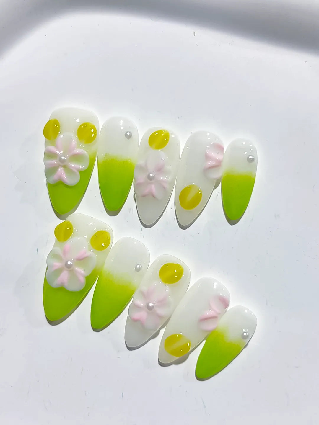 White Green Pink Ombre Flower Dot Pattern press on nails close up
