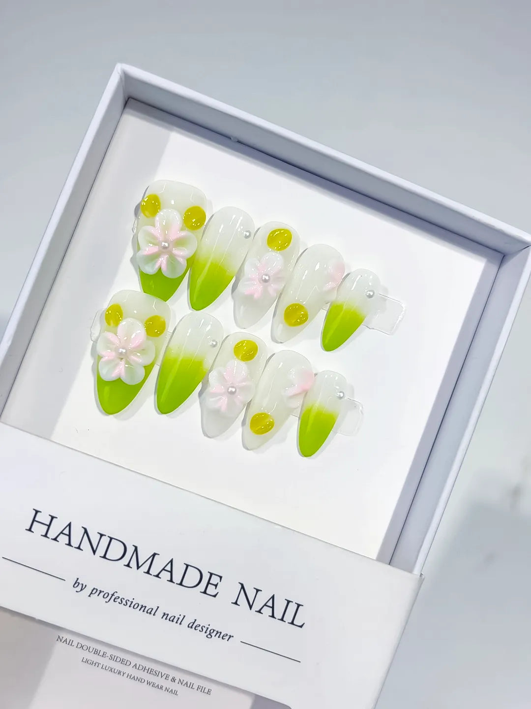 White Green Pink Ombre Flower Dot Pattern press on nails
