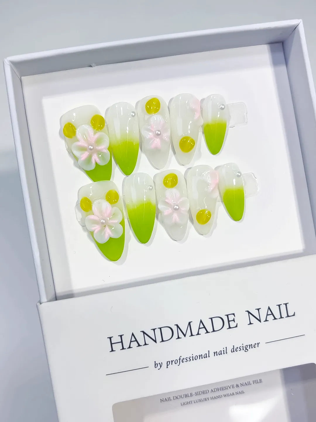 White Green Pink Ombre Flower Dot Pattern press on nails angled view