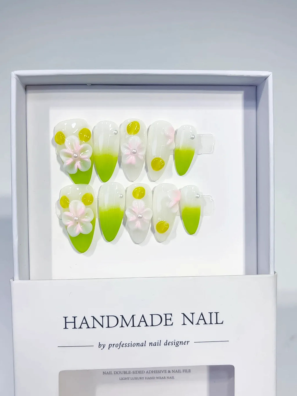 White Green Pink Ombre Flower Dot Pattern press on nails full set view