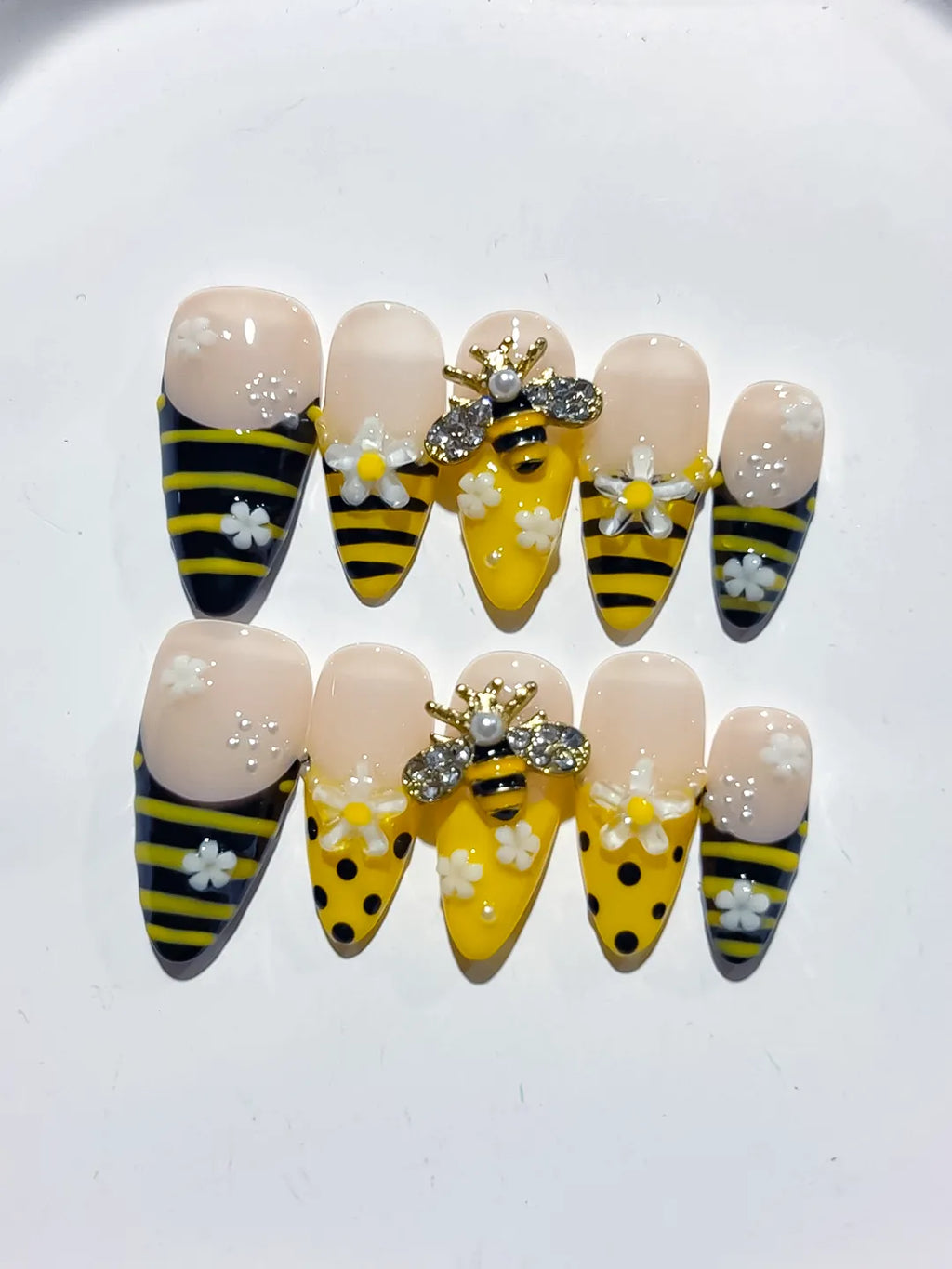Yellow Black White Abstract Bee Flower Rhinestone press on nails close up