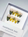 Yellow Black White Abstract Bee Flower Rhinestone press on nails