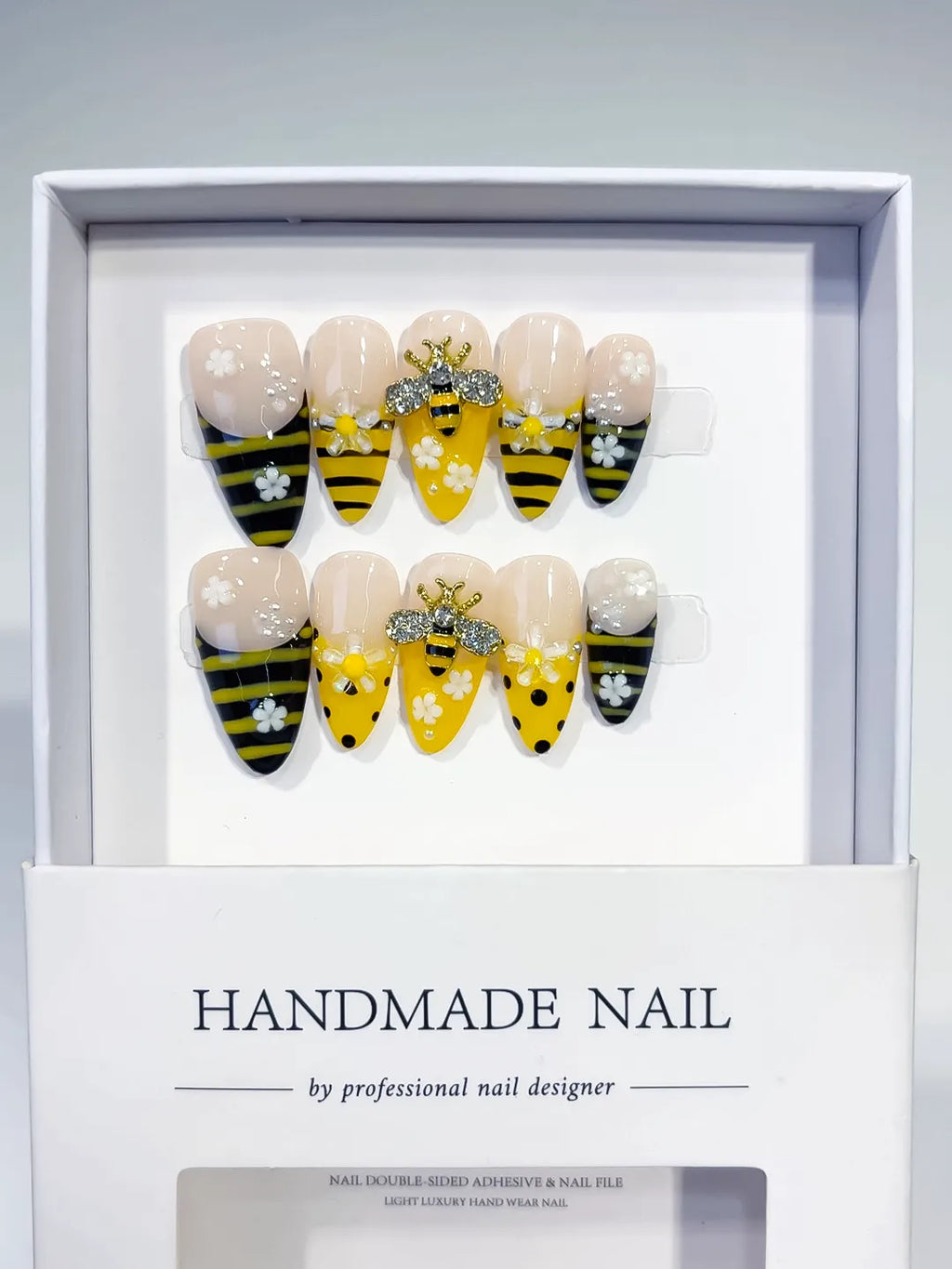 Yellow Black White Abstract Bee Flower Rhinestone press on nails full set view
