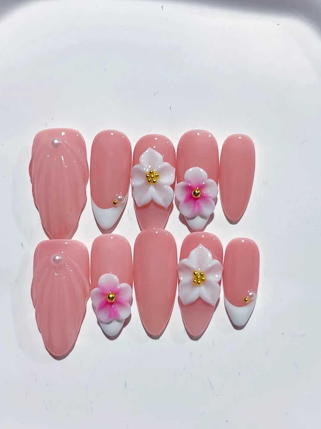 Pink White Solid color Flower press on nails close up