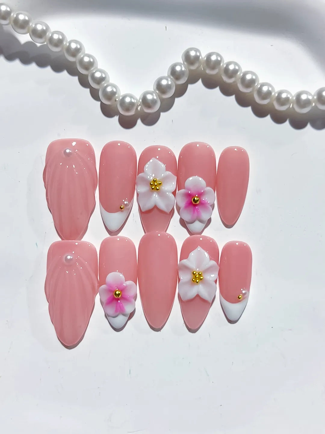 Pink White Solid color Flower press on nails detail view