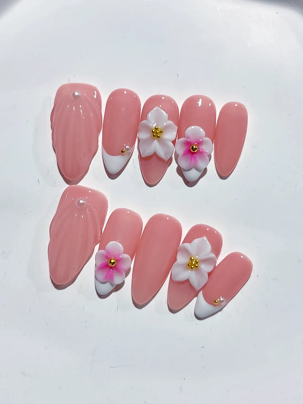 Pink White Solid color Flower press on nails detail view
