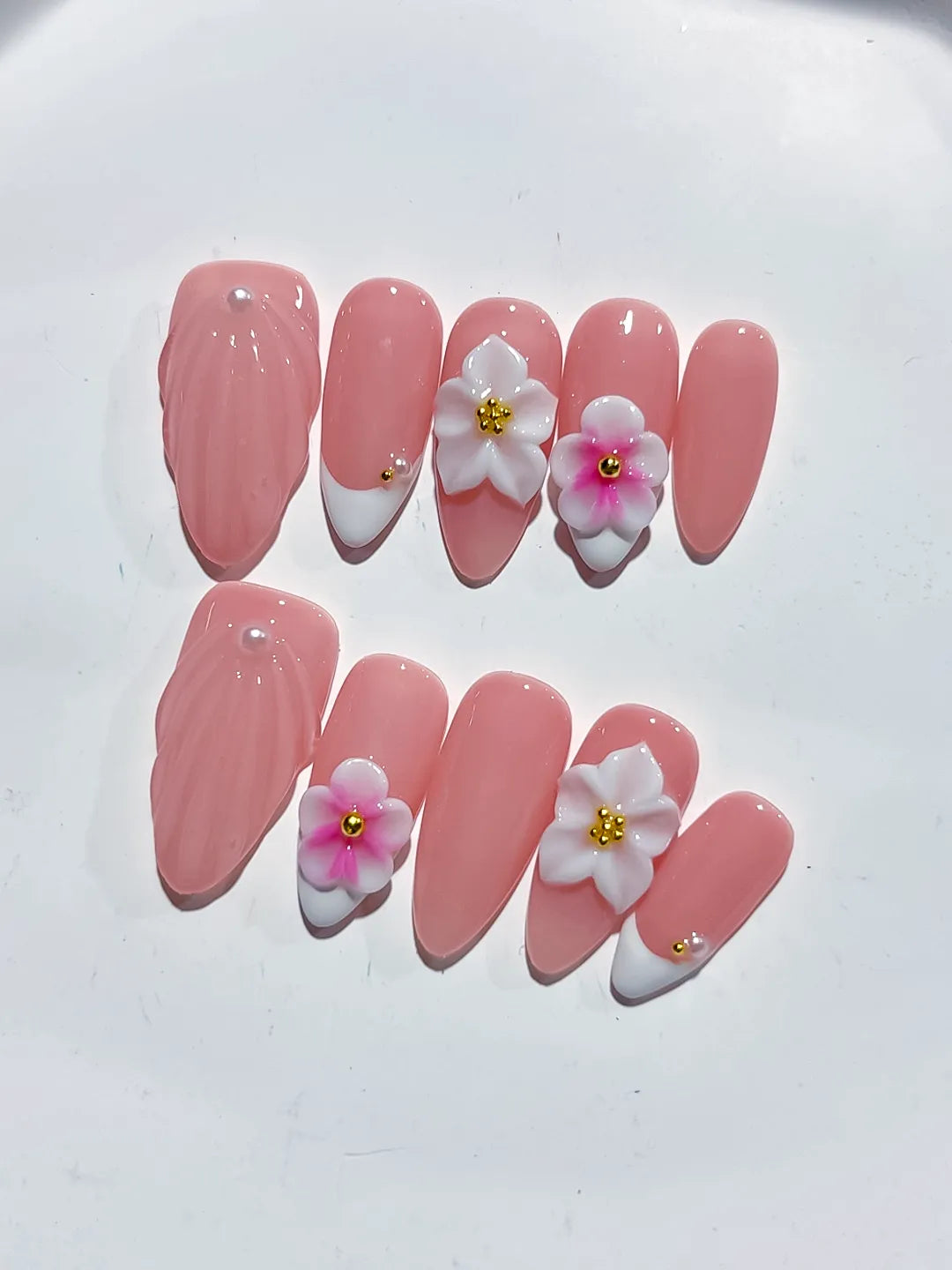 Pink White Solid color Flower press on nails detail view