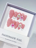Pink White Solid color Flower press on nails