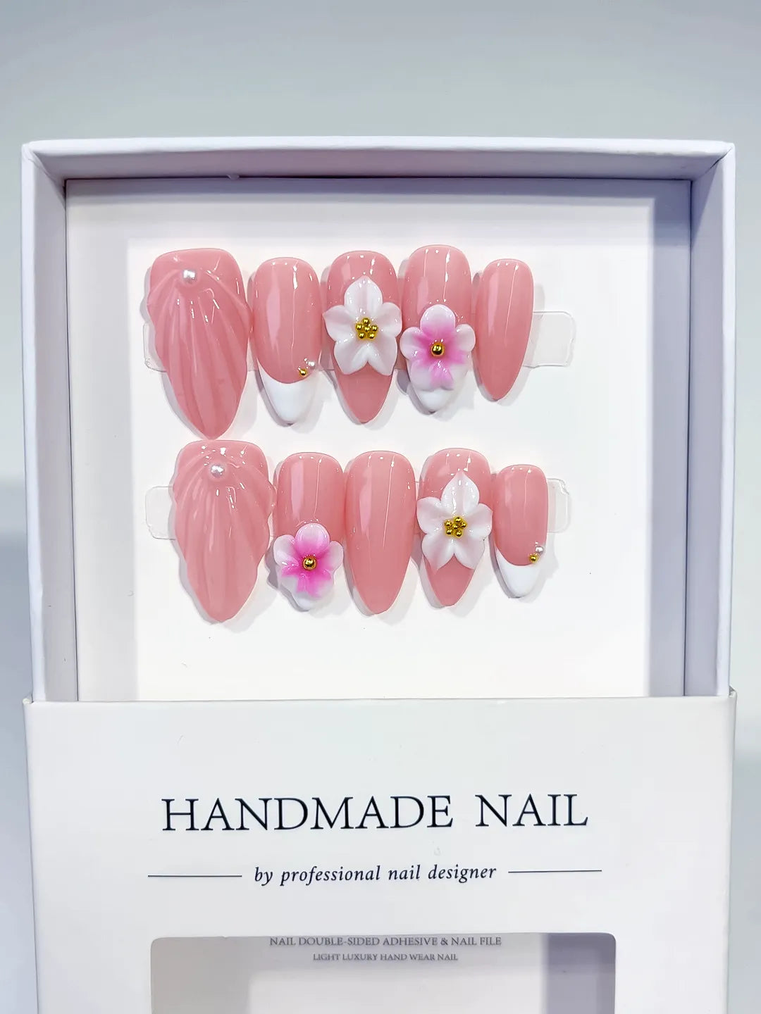 Pink White Solid color Flower press on nails full set view