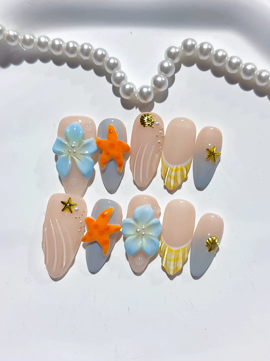 Nude Silver Yellow Blue French tip Flower Dot Pattern press on nails detail view