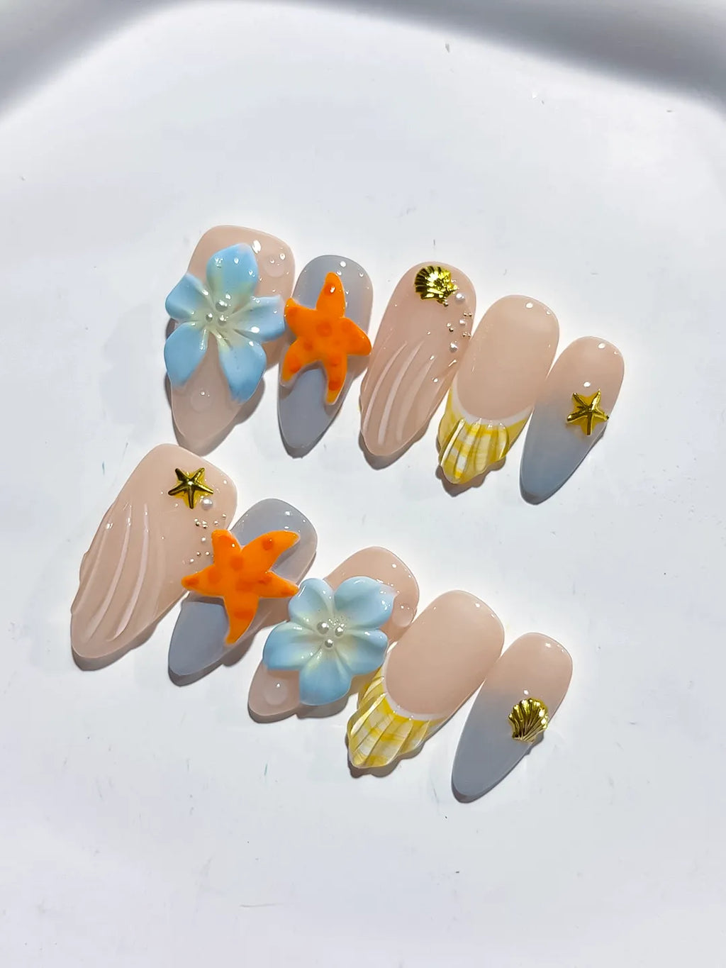 Nude Silver Yellow Blue French tip Flower Dot Pattern press on nails detail view