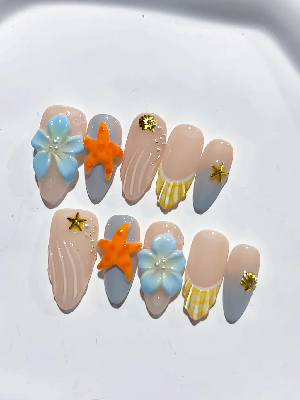 Nude Silver Yellow Blue French tip Flower Dot Pattern press on nails detail view