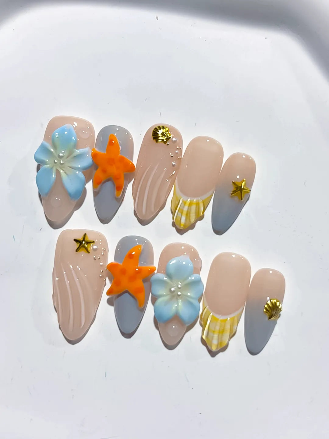 Nude Silver Yellow Blue French tip Flower Dot Pattern press on nails detail view