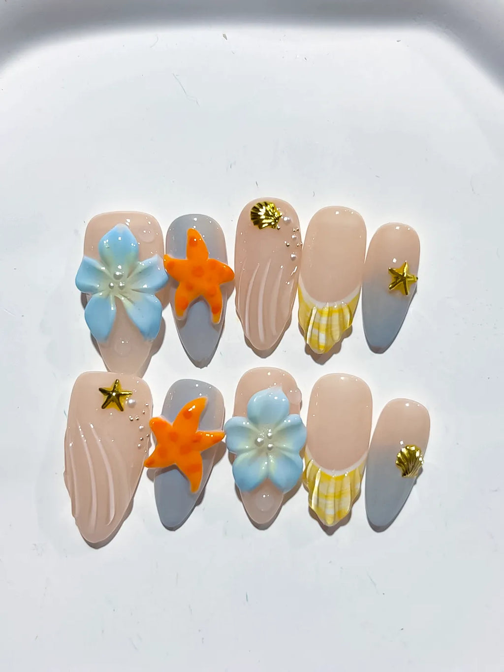 Nude Silver Yellow Blue French tip Flower Dot Pattern press on nails close up