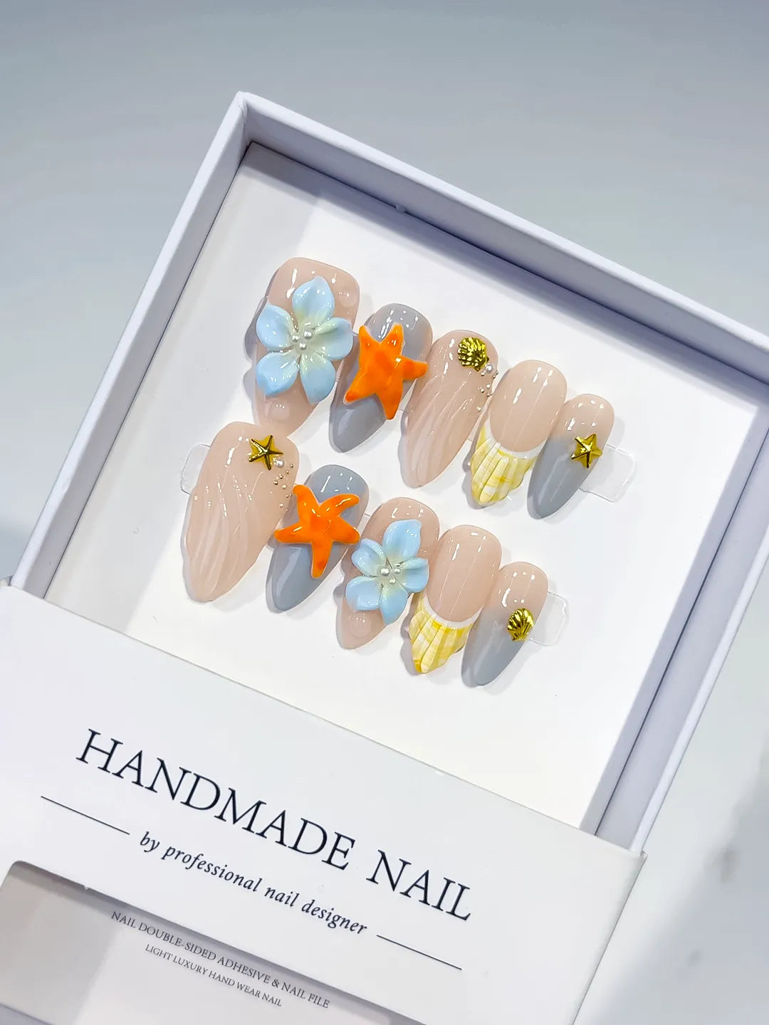 Nude Silver Yellow Blue French tip Flower Dot Pattern press on nails