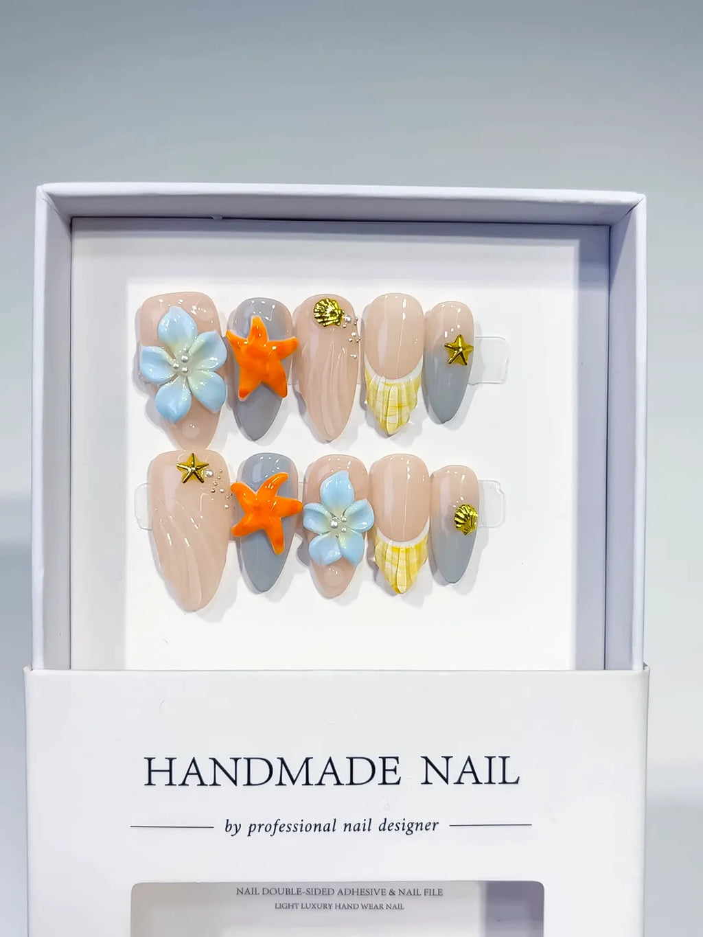 Nude Silver Yellow Blue French tip Flower Dot Pattern press on nails full set view