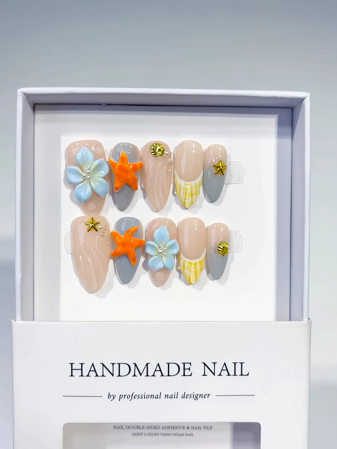 Nude Silver Yellow Blue French tip Flower Dot Pattern press on nails full set view
