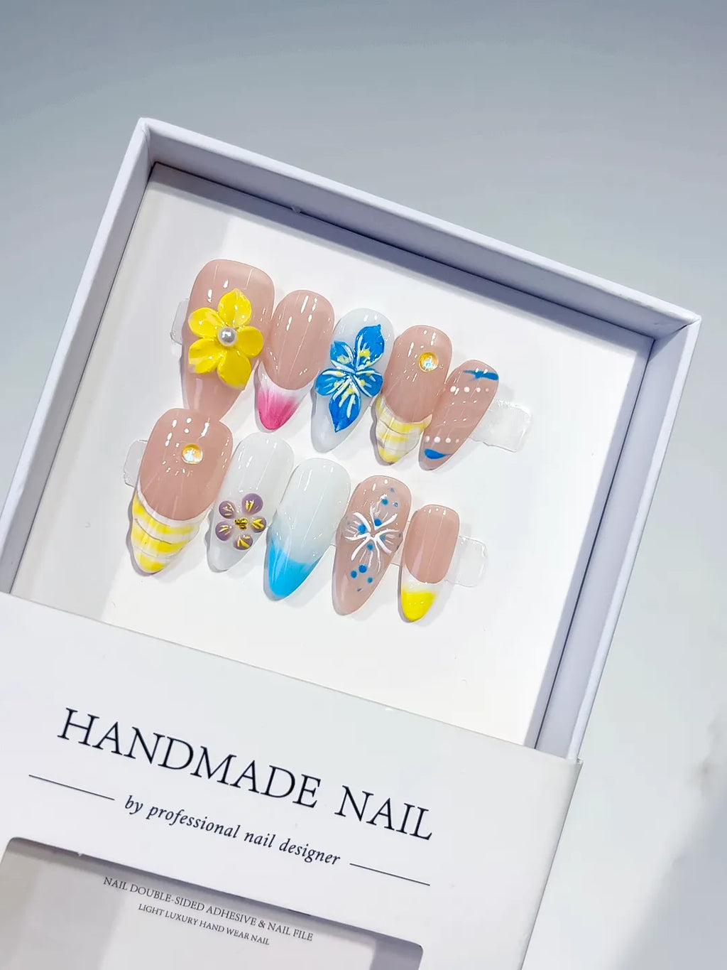 Nude Pink Yellow Blue Silver Abstract Flower Leaf Metallic Charm press on nails