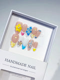 Nude Pink Yellow Blue Silver Abstract Flower Leaf Metallic Charm press on nails