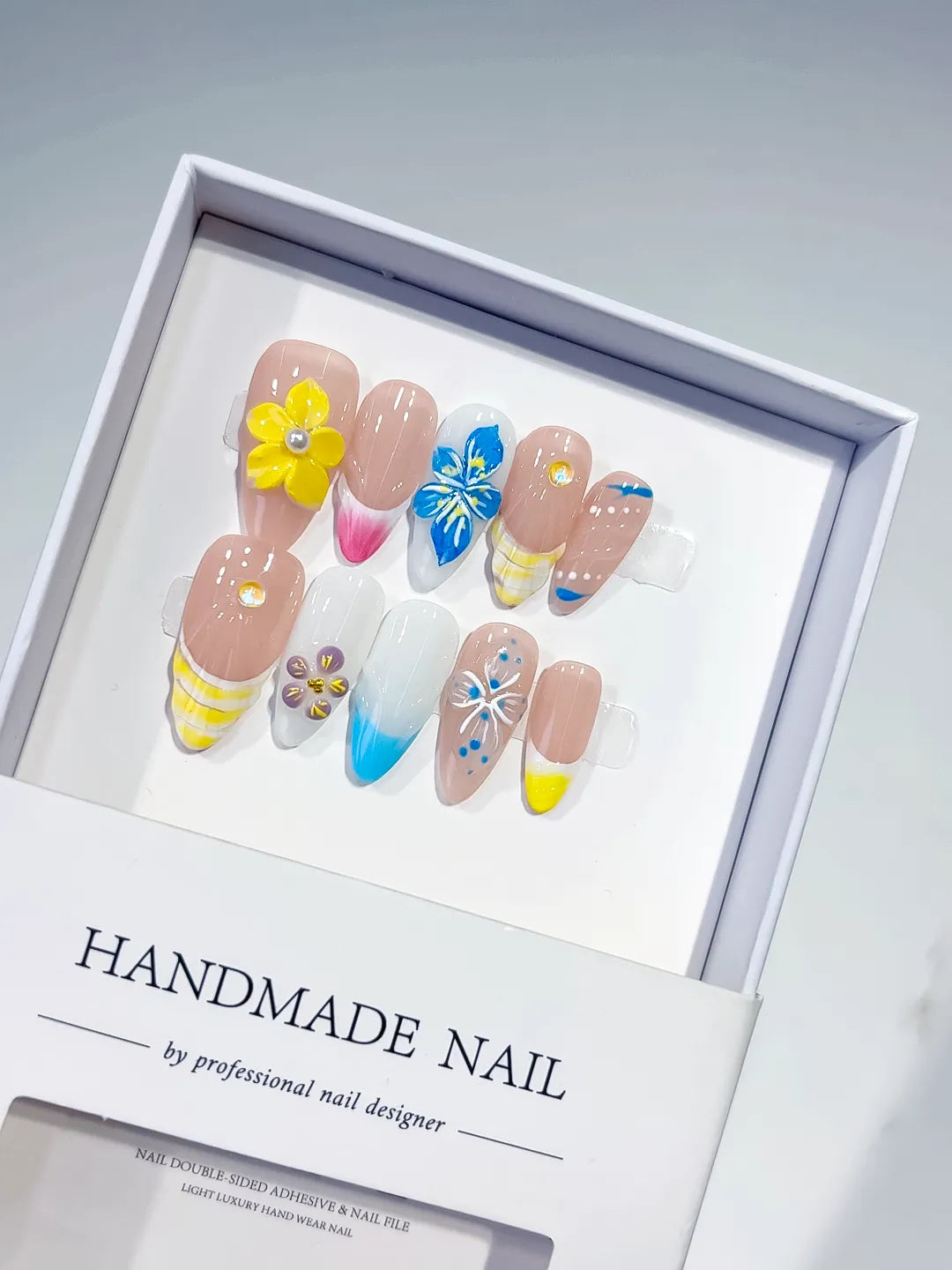 Nude Pink Yellow Blue Silver Abstract Flower Leaf Metallic Charm press on nails
