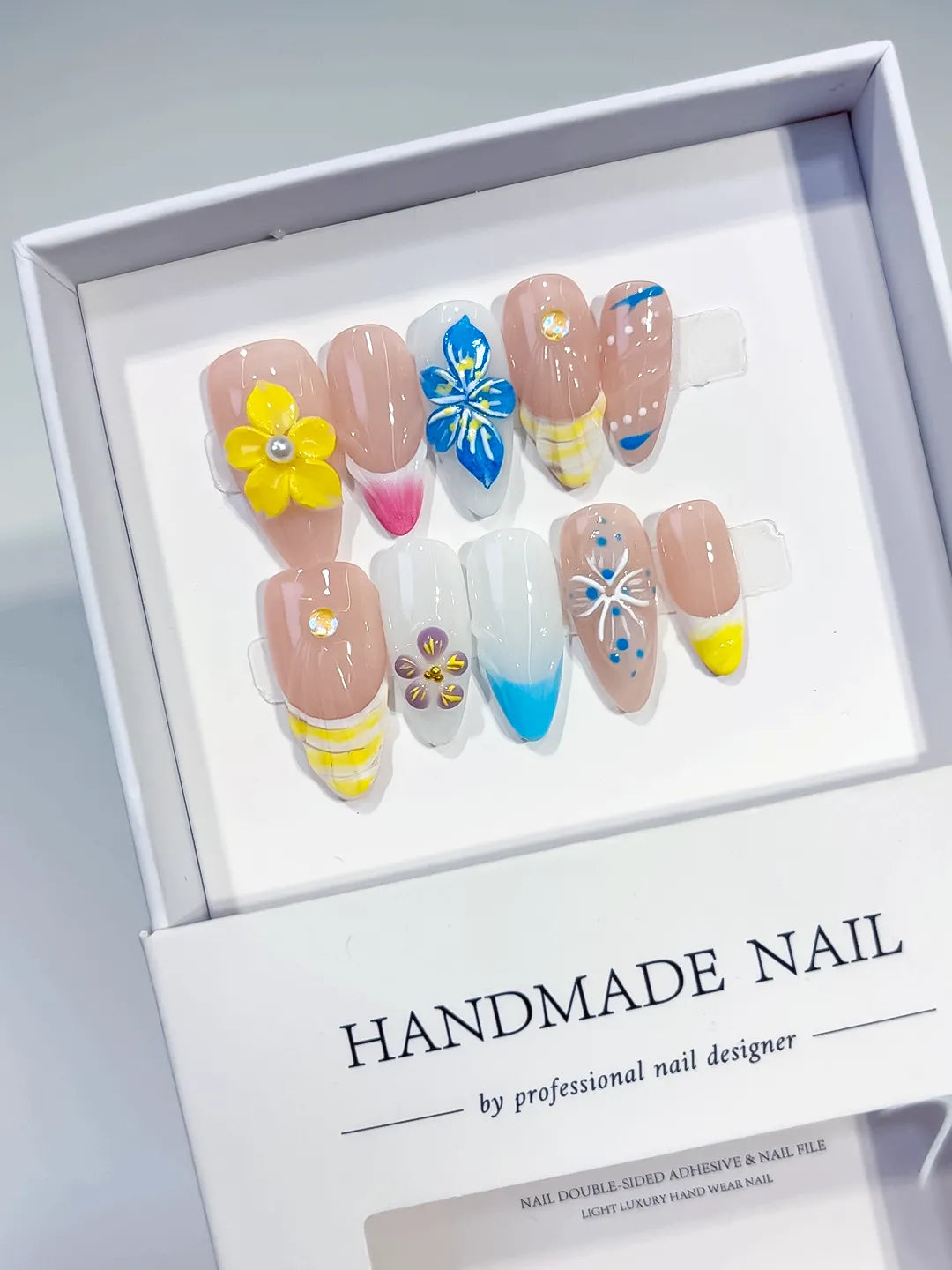 Nude Pink Yellow Blue Silver Abstract Flower Leaf Metallic Charm press on nails angled view
