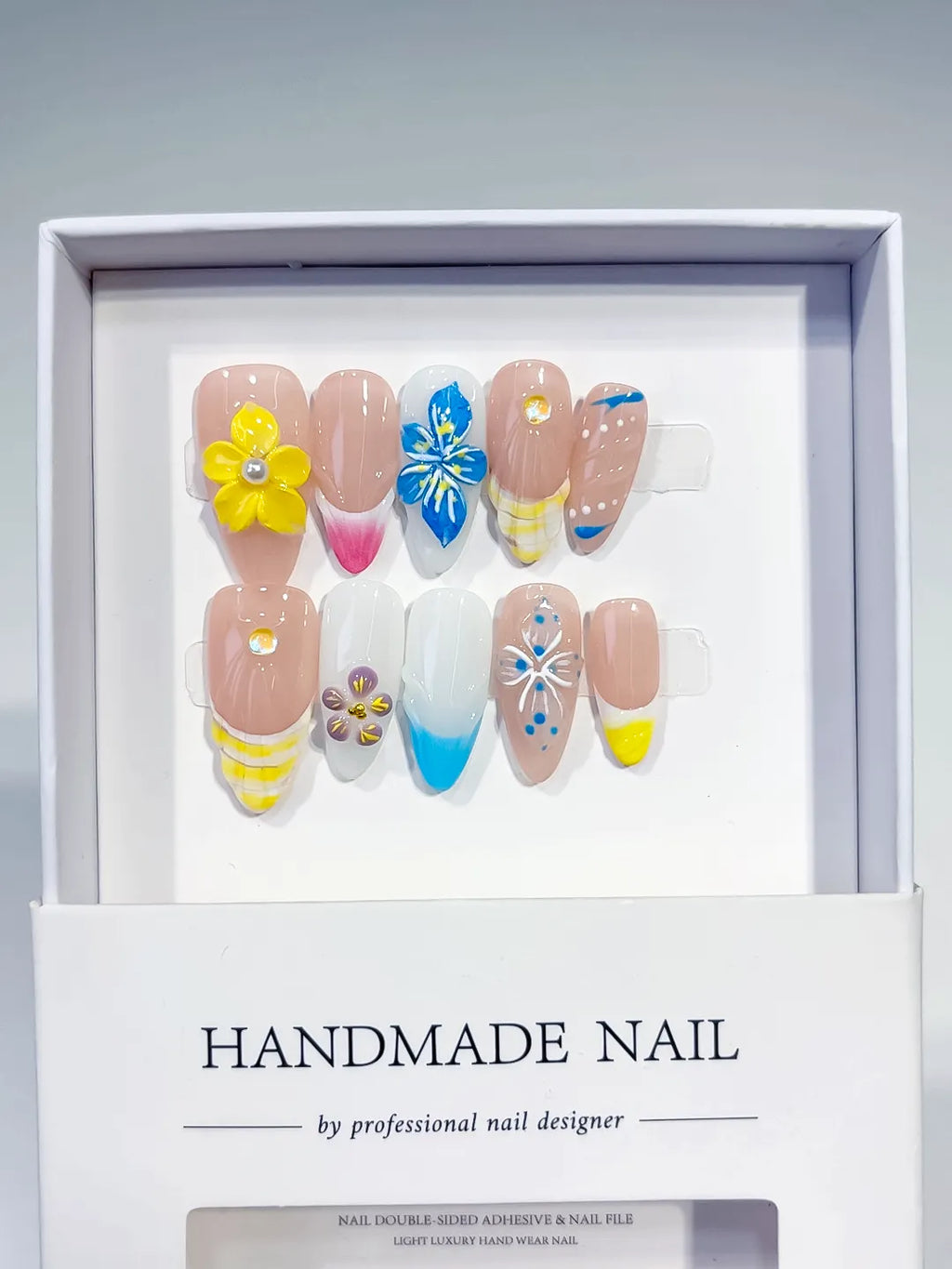 Nude Pink Yellow Blue Silver Abstract Flower Leaf Metallic Charm press on nails full set view