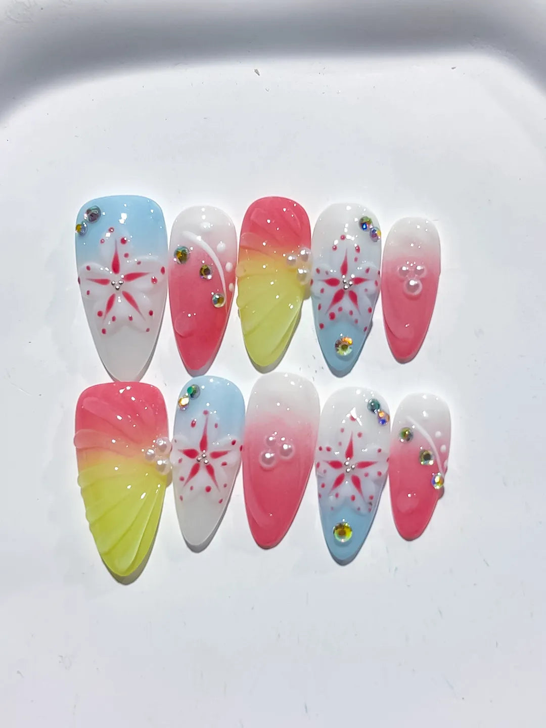 Nude White Blue Yellow French tip Flower Bow Star press on nails close up