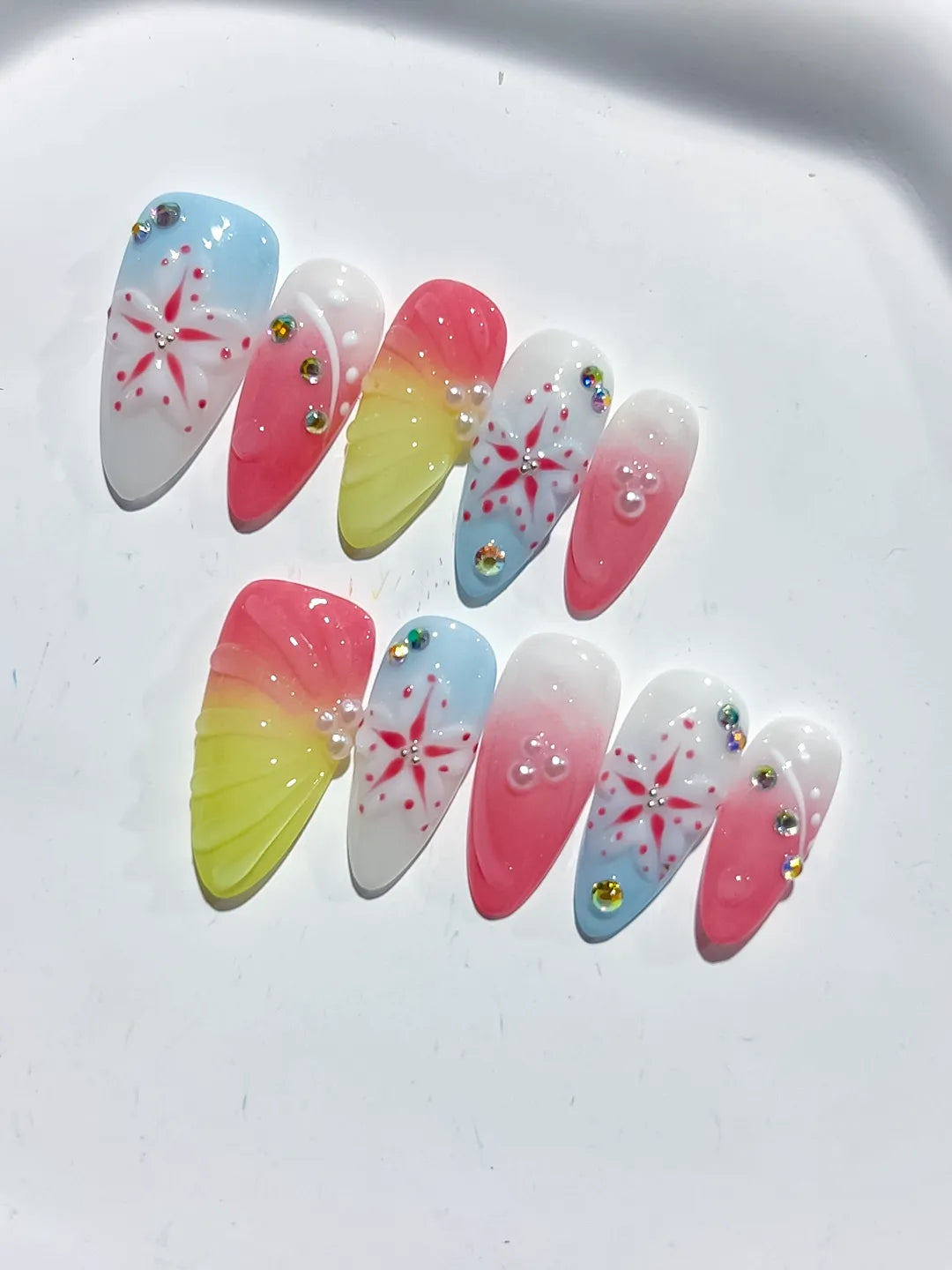 Nude White Blue Yellow French tip Flower Bow Star press on nails detail view