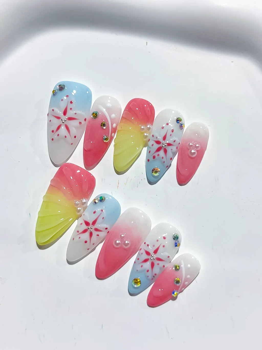 Nude White Blue Yellow French tip Flower Bow Star press on nails detail view