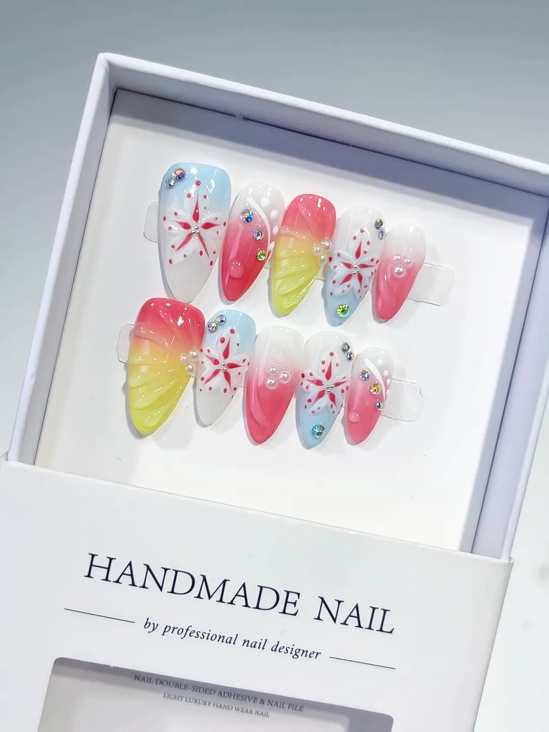 Nude White Blue Yellow French tip Flower Bow Star press on nails