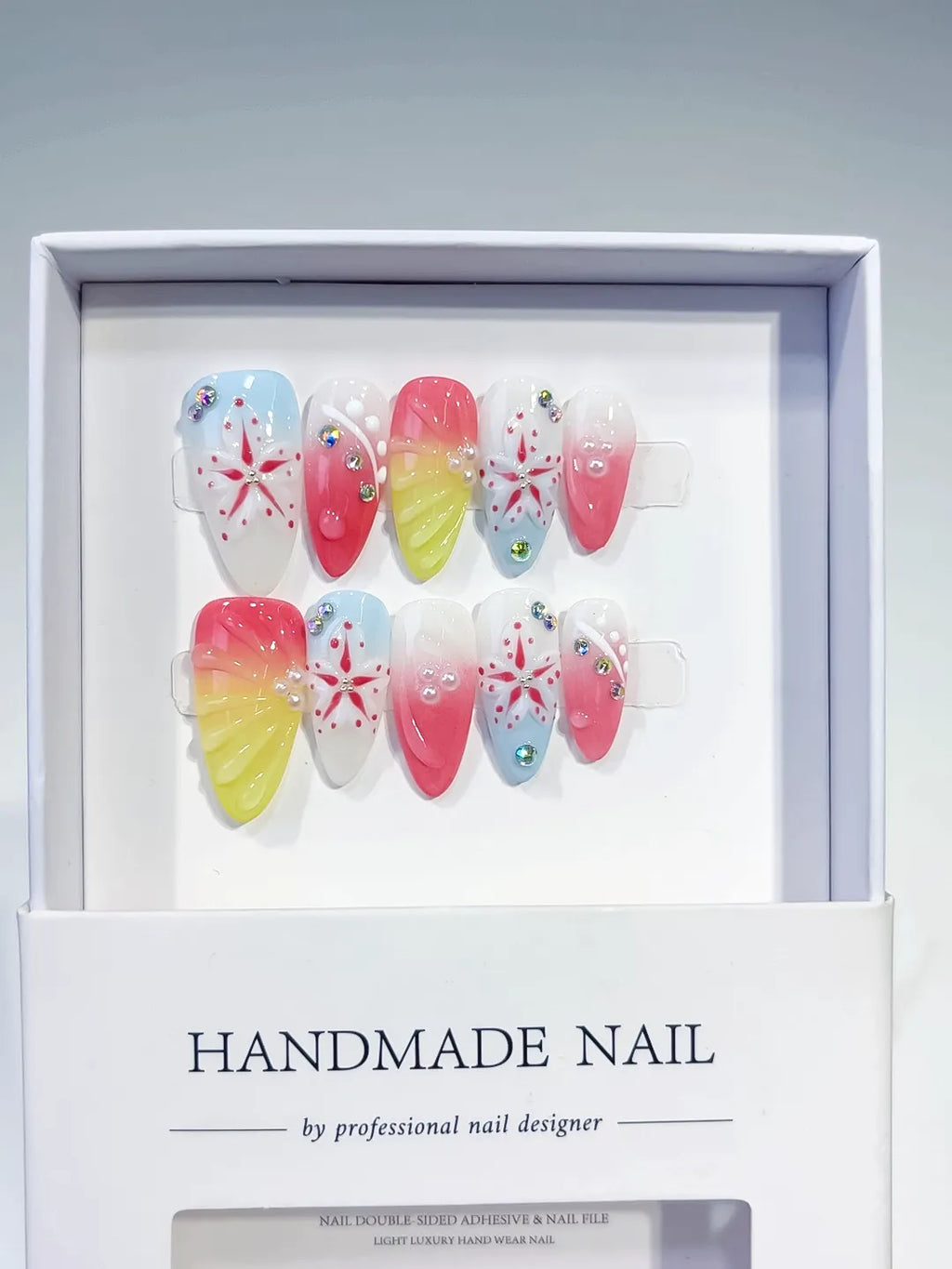 Nude White Blue Yellow French tip Flower Bow Star press on nails full set view