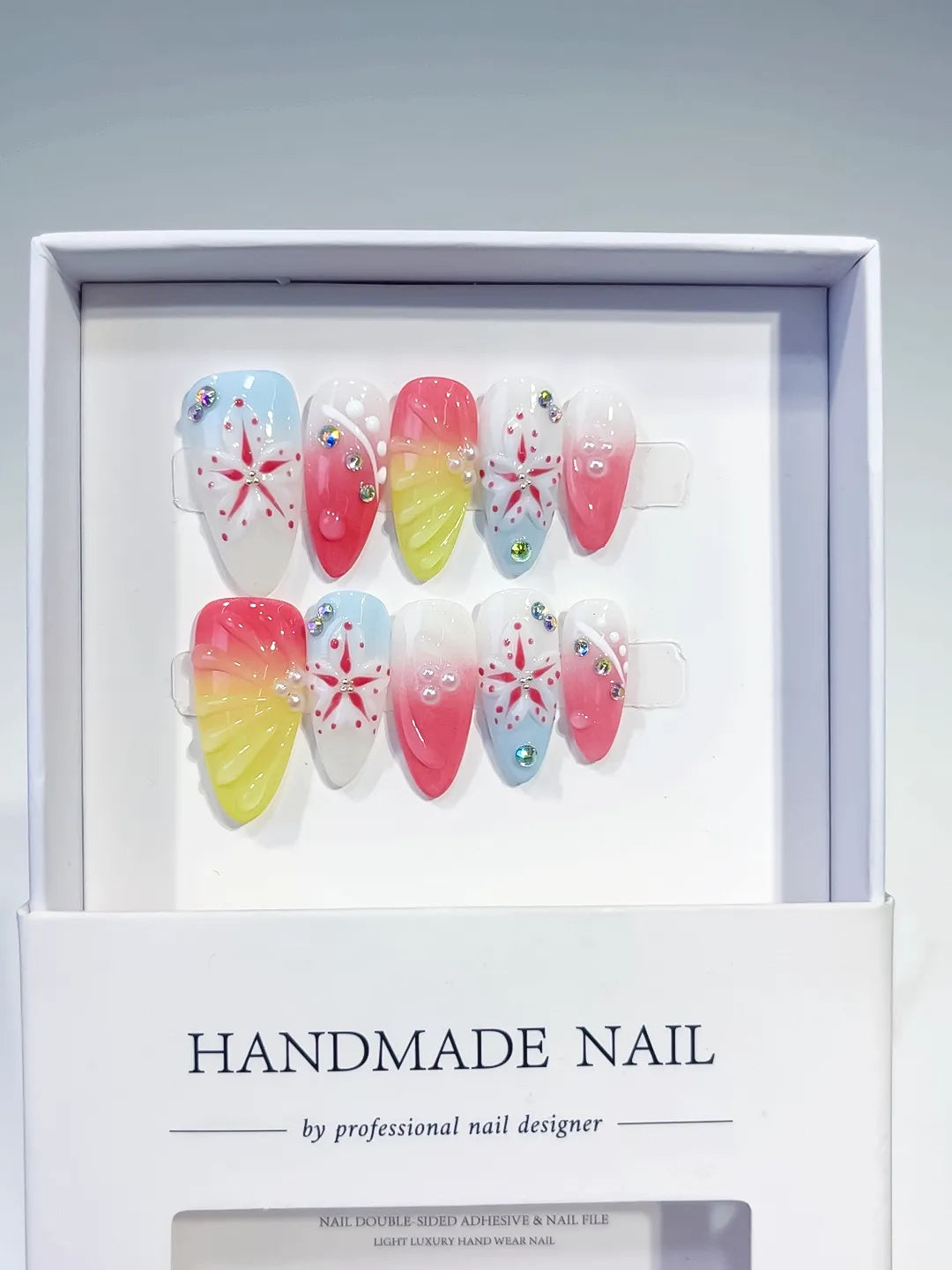 Nude White Blue Yellow French tip Flower Bow Star press on nails full set view