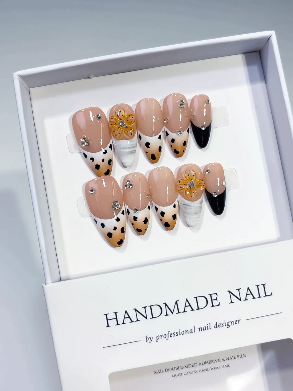 Nude Blue Gold Abstract Starfish Shell Glitter press on nails angled view