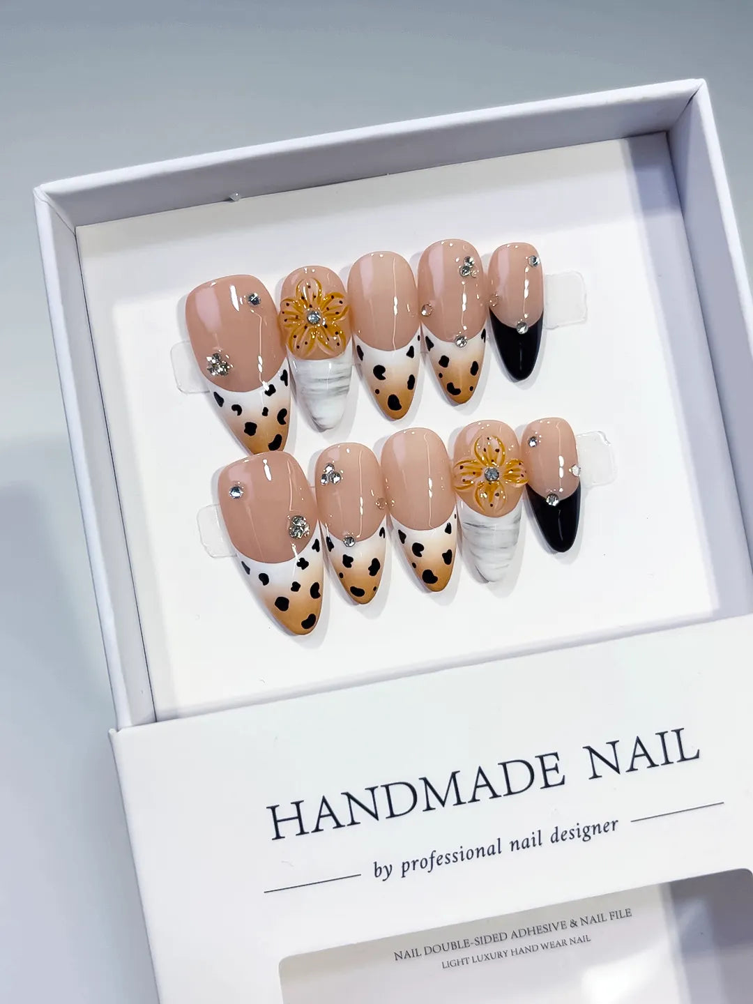 Nude Blue Gold Abstract Starfish Shell Glitter press on nails angled view