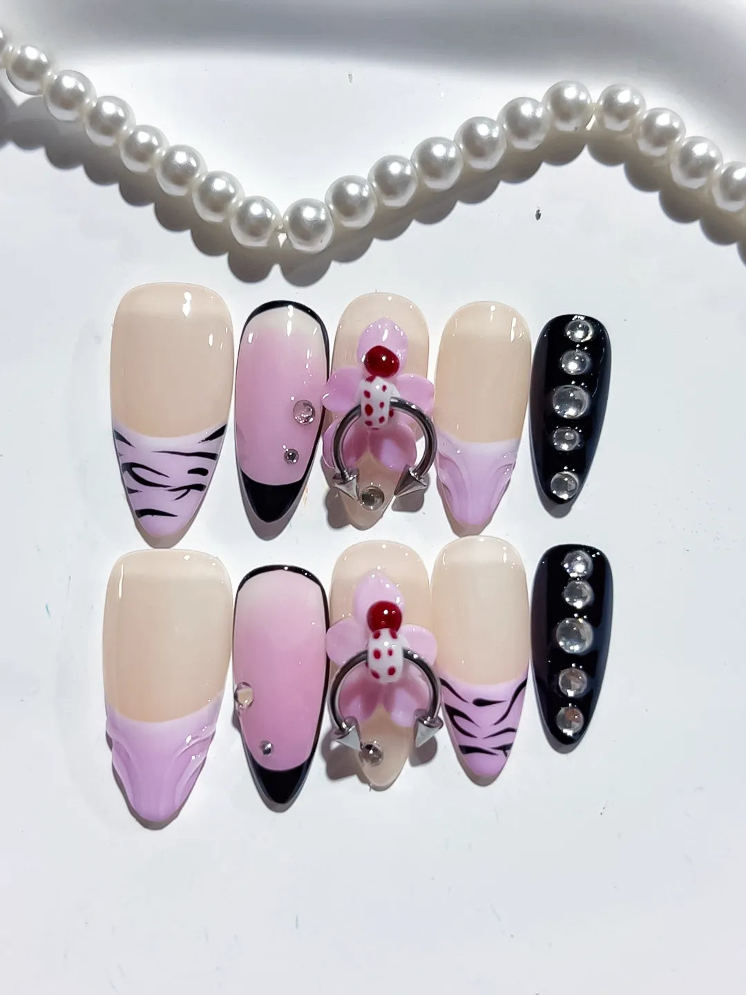 White Green Pink Ombre Flower Dot Pattern press on nails close up